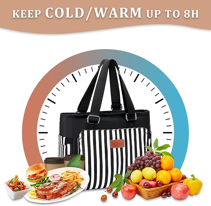 Large Women Lunch Bags for Work/Insulated Adult Lunch Box for Women/Leakproof Cooler Lunch Tote Bag with Storage Pocket. Reusable Lunch Cooler Purse for Work Picnic Hiking 12L, Black Stripes