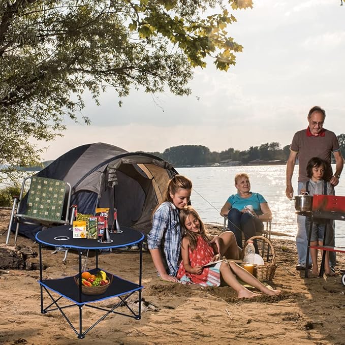 LEADALLWAY Folding Picnic Table Portable Outdoor Camping Table with 4 Cup Holders and Carrying Bags,Collapsible Canvas Travel Table for Outdoor Picnic,Barbecue,Travel,Fishing (Black+Blue)