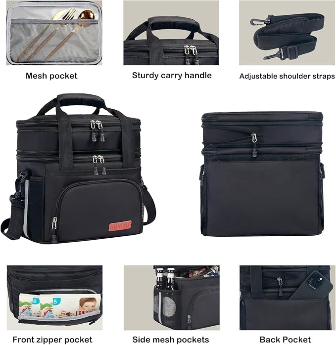 Lunch Box for Men/Women,Large Double-Layer Insulated Expandable Reusable Leakproof Cooler Bags for Adults,Lunch Bag with Adjustable Shoulder Strap for Office Travel Picnic（Earth-Yellow）