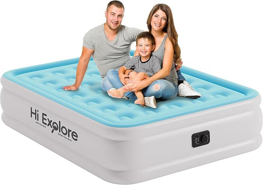 Air Mattress Queen with Built in Pump Raised, Comfort Plush Self Inflating Mattress, Inflatable Blow Up Mattress, Portable Airbed for Home, Guests, Camping(Light Blue, 18” Height)
