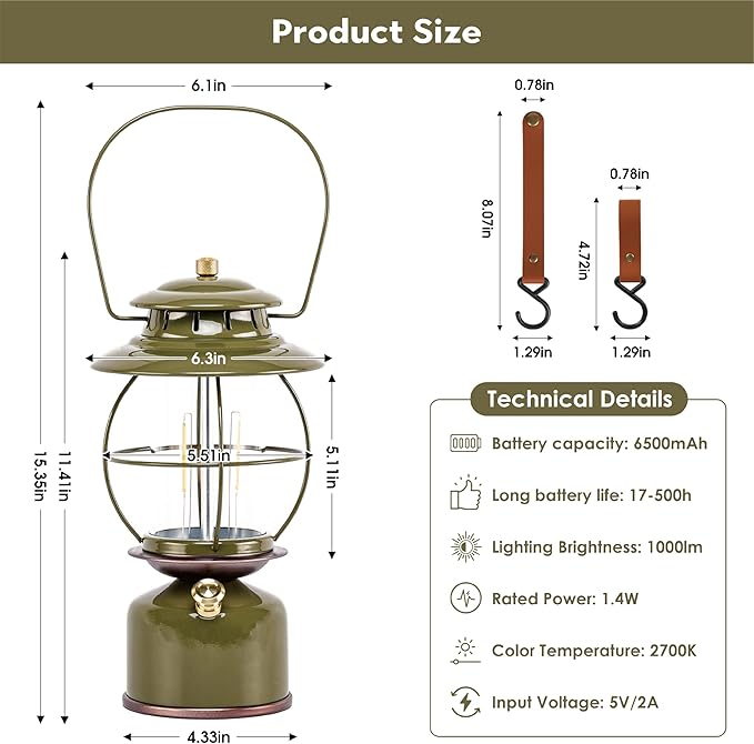 Metal Vintage LED Camping Lantern, 6800mAh Rechargeable Battery Last 17-500 Hours Camping Lamp, Large Dimmable Hanging Lantern, Retro Camping Light with Hook for Courtyard Outdoor Decoration