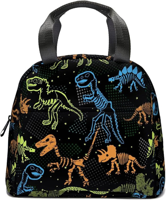 Giwawa Dinosaur Lunch Box for Kids, Colorful Dino Fossil Animal Print Reusable Lunch Bag Thermal Lunch Cooler Tote Bags for Boys Girls Men Women Travel Picnic, Front Pocket & Zipper Closure