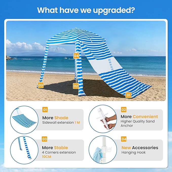 Grandekor UPF 50+ 6'×6' Beach Cabana with Sand Anchor Sidewall Hanging Hook Portable for Family Beach Trips Outdoor Shade Shelte