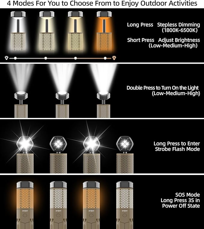 Camping Light Telescopic Camp Lantern Rechargeable 10500mAh Battery Built-in Magnetic Camping Lamp for Emergency, Hiking (Khaki)
