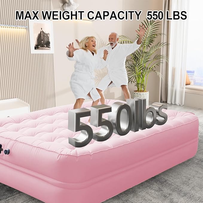 Queen Air Mattress with Built-in Rechargeable Battery Pump, Cooling Pongee Fabric Material, Waterproof & Leakproof Air Mattress Queen, Camping Airbed, (18", Pink)