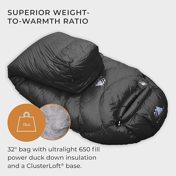 Hyke & Byke Shavano 32 F Hiking & Backpacking Sleeping Bag - 3 Season, 650FP Duck Down Sleeping Bag - Ultralight - Black - 78in - Regular