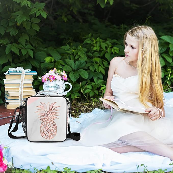 Marble Pineapple Kids Lunch Bag Pinks Pineapple Insulated Lunch Box for Girls Waterproof Lunch Bento Tote Bags Thermal Lunchbox School Lunchbox Insulated with Shoulder Strap