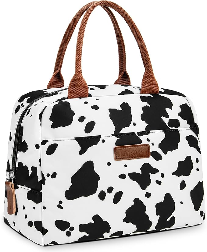 LOKASS Lunch Bag for Women/Men-Insulated Adults Lunch Box with Front Pocket- Small Cute Lunch Tote for Work-Reusable Cow Print Cooler Bag for Office Picnic Beach or Travel