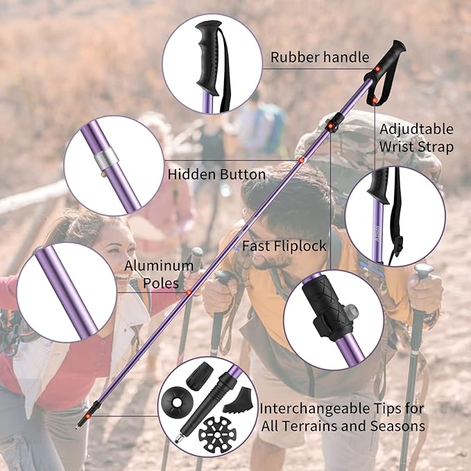 AISUNOURDOOR Lightweight Adjustable Trekking Poles, Aluminum Collapsible Travel Hiking or Walking Sticks for Women Children, with One Disposable Raincoat