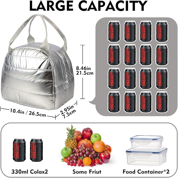 Lunch Bag Lunch Box for Women Men Adult Insulated Cute Small Quilted Puffer Lunchbox Reusable Thermal Lunch Cooler Tote Bag for Work, Picnic or Travel-Silver