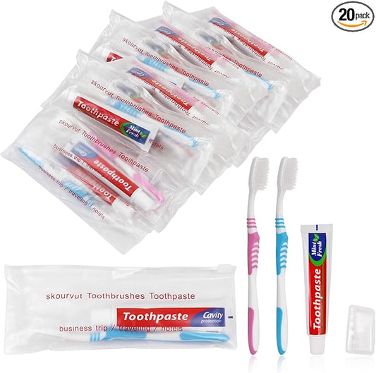 Disposable Toothbrushes with 45 Grams Toothpaste Individually Wrapped, Travel Kit Whit Plastic Zip Bag,Toothbrush Head Cover, Bulk Toothbrush for Homeless,Travel,Shelter,Air Bnb,Hotel,Guest (20)