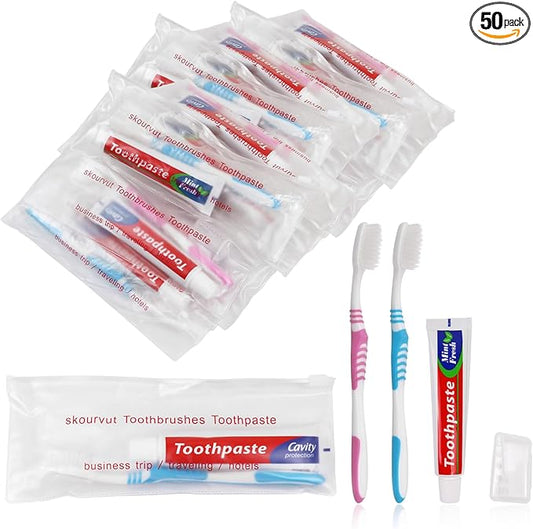 Disposable Toothbrushes with 45 Grams Toothpaste Individually Wrapped, Travel Kit Whit Plastic Zip Bag,Toothbrush Head Cover, Bulk Toothbrush for Homeless,Travel,Shelter,Air Bnb,Hotel,Guest(50)