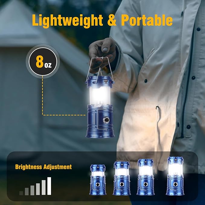 Solar Camping Lantern for Power Outages - USB Rechargeable Lamp Camping Essentials，Collapsible Waterproof Solar Lights for Indoor Outdoor Emergency Light/2 Packs/Blue