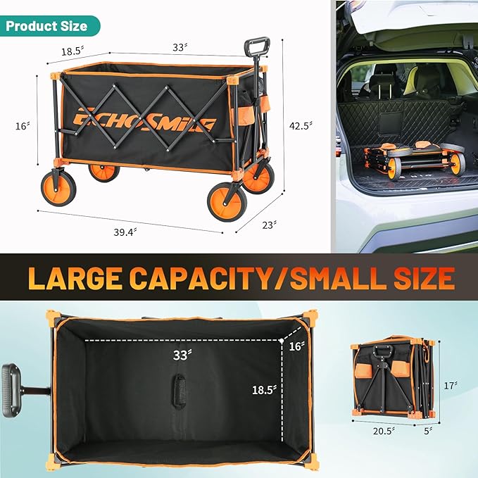 EchoSmile Heavy Duty 350 Lbs Capacity Collapsible Wagon, Outdoor Folding Camping Wagons, Grocery Portable Utility Cart, Adjustable Rolling Carts, All Terrain Sports Wagon with Big Wheels (Dark-Black)