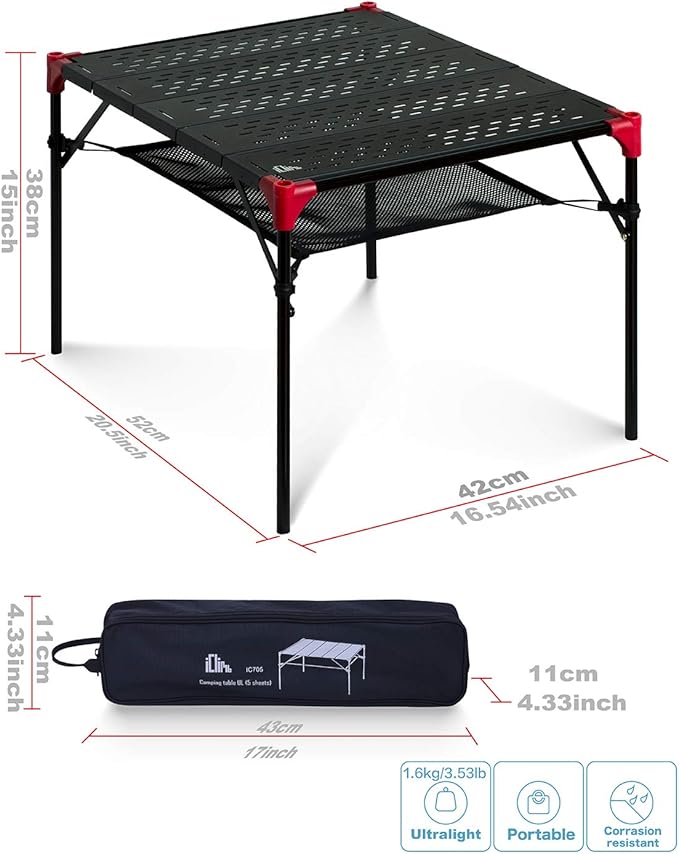 iClimb Extendable Folding Table Large Tabletop Area Ultralight Compact with Hollow Out Tabletop for Camping Backpacking Beach Concert BBQ Party, Three Size (Black - L + Hanger)