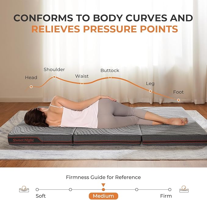 Sweetnight Trifold Mattress with Carry Bag - 4 Inch Portable Floor Mattress with Breathable & Washable Cover | Foldable Mattress Topper for Travel, Camping, Guest Grey Queen