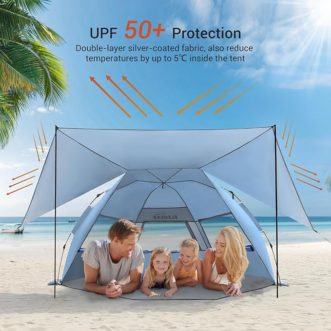 Elegear Beach Tent With 360 Removable Canopy, 4-6 Person Pop Up Sun Shade Shelter, UPF 50+ Automated Installation Double Silver Coating Portable Lightweight Cabana