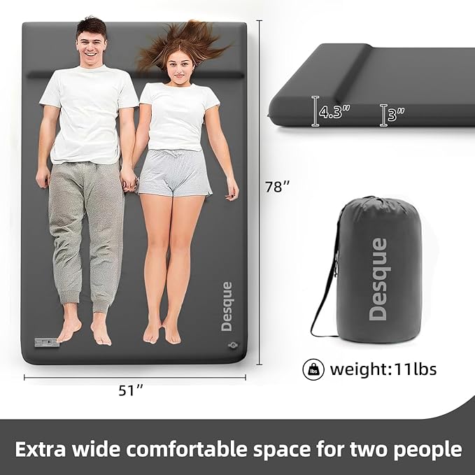 Full Self Inflating Sleeping Pad Built-in Electric Pump, 3.14" Thick Air & Memory Foam Camping Mattress, 2 Person Outdoor Camping Mat for Rooftop Tent Car Truck Van Car Traveling Double