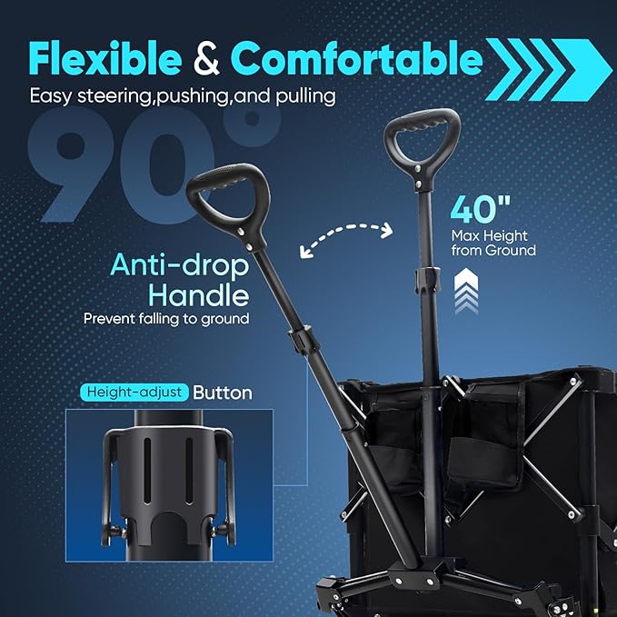 Sekey Collapsible Foldable Wagon with 330lbs Weight Capacity, Heavy Duty Folding Wagon Cart with Big All-Terrain Wheels & Drink Holders. Black