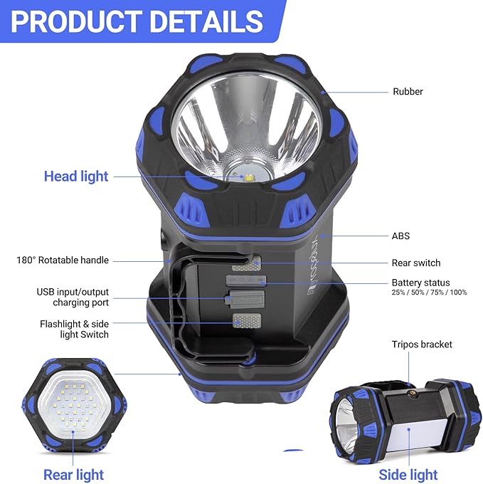 Led Camping Lantern Rechargeable, Camping Flashlight 1500LM, 8 Light Modes, Camping Lights 4800 Capacity, Portable Bright Flash Light for Emergencies, Power Outages, Hurricane, (Blue 2Pack)