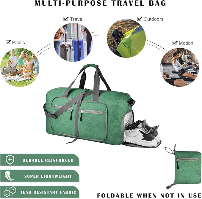 Dimayar 65L Travel Duffle Bag for Men Women - Foldable Duffel Bag with Shoes Compartment - Overnight Bags Waterproof & Tear Resistant(Forest Green)