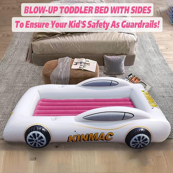 KINMAC Inflatable Toddler Travel Bed- Portable Travel Toddler Air Bed for Kids Camping Air Mattress Racecar Toddler Bed with Sides Blow Up Mattress Sleeping Pad for Camping Car Travel(Rose Red)