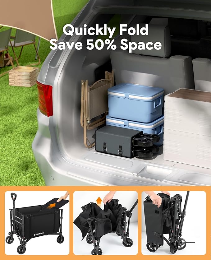 Collapsible Wagon Cart with Wheels 220lbs Foldable Wagon 120L Shopping Cart for Groceries Folding Utility Wagon for Beach, Garden, Camping, Sport, Apartment, Wheelbarrows, Gray