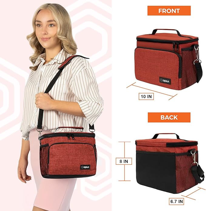 opux Insulated Lunch Bag for Men Women, Soft Lunch Box for Office Work School Picnic, Leakproof Lunch Cooler Bag with Shoulder Strap for Kid Adult Boy Girl, Medium Lunchbox Lunch Tote (Heather Red)