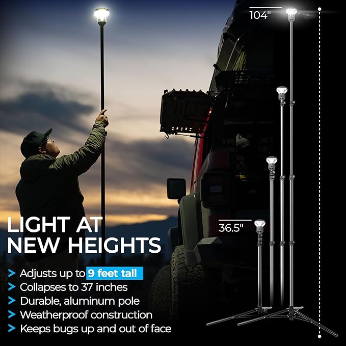 DEVOS - LightRanger 1200 Telescoping Camp Light, 9 ft Tall with 1200 lumens, Rechargeable LED Lantern, Up to 80-Hour Runtime, 1-Year Warranty, Includes Carry Case