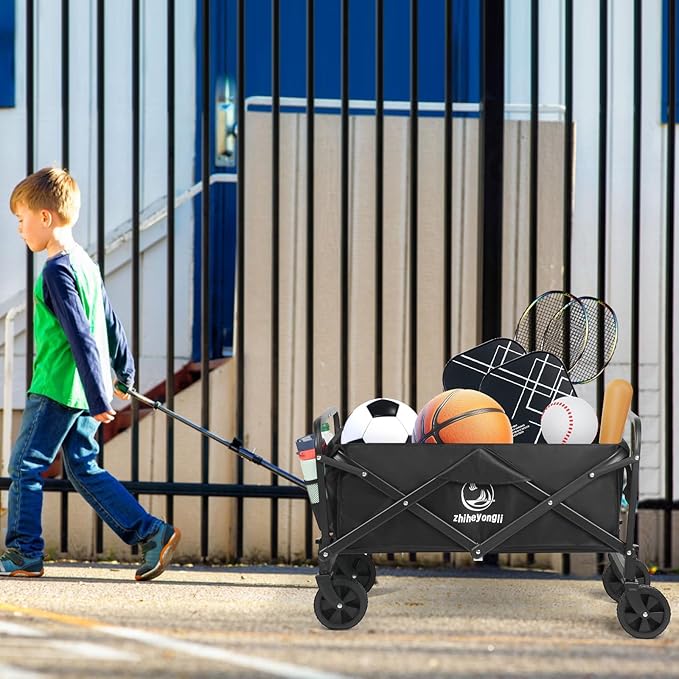 Folding Wagon Cart, Portable Large Capacity Beach，Heavy Duty Utility Collapsible with All-Terrain Wheels，Cart Foldable Wagon for Camping,Shopping,Beach, Garden (Black)