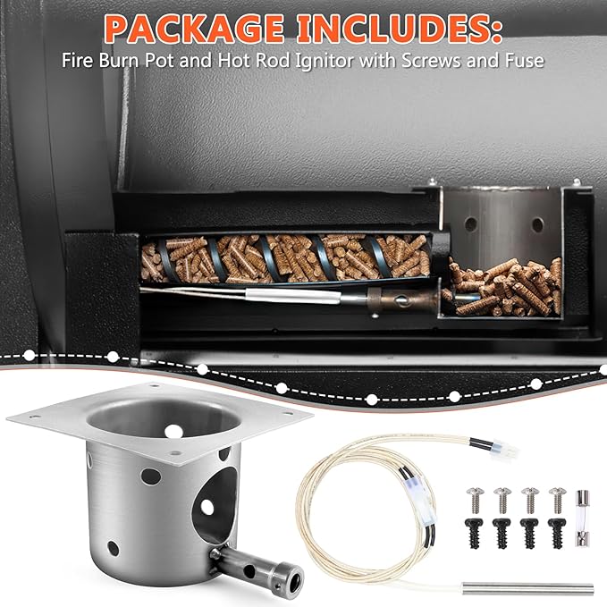 QuliMetal Fire Burn Pot and D2 Hot Rod Ignitor Kit for Traeger Pro 575 & 780, Ironwood 650 & 885, Silverton 620 & 810 Wood Pellet Grills with D2 Direct Drive and WiFIRE Technology