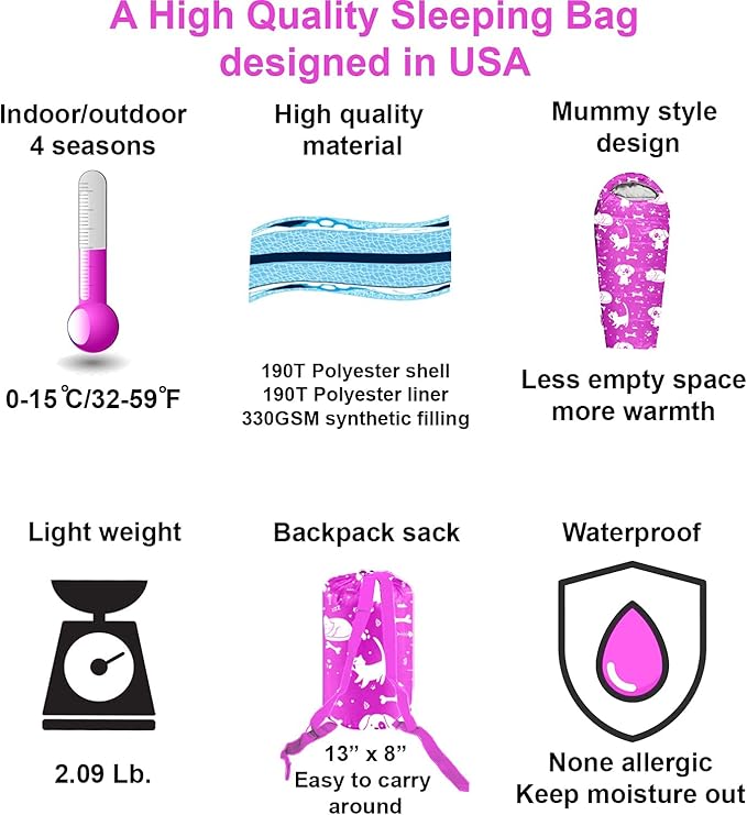 KidzAdventure Mummy Style 32 – 59F Kids Sleeping Bag with Pillow Sleeve, 4 Season, Lightweight and Backpacking Style, Ideal for Camping, Sleepover, Boys, Girls, Youth and Toddlers