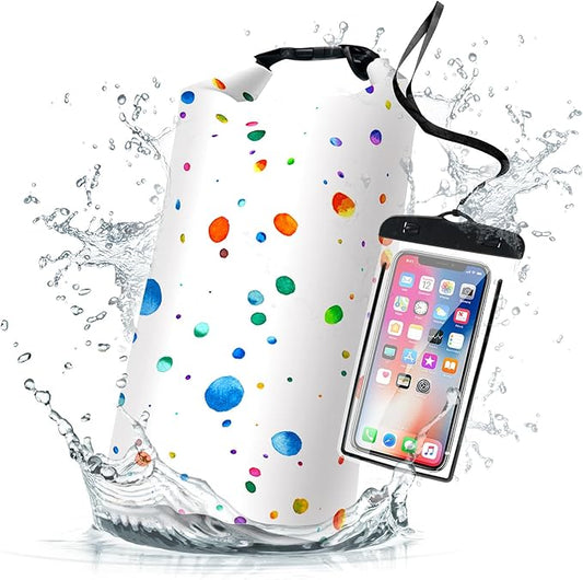 Waterproof Dry Bag,Roll Top Colorful Polka Dot Small Waterproof Backpack 5L/10L/20L Floating and Lightweight Bags for Kayaking, Boating, Fishing, Swimming and Camping with Waterproof Phone Case