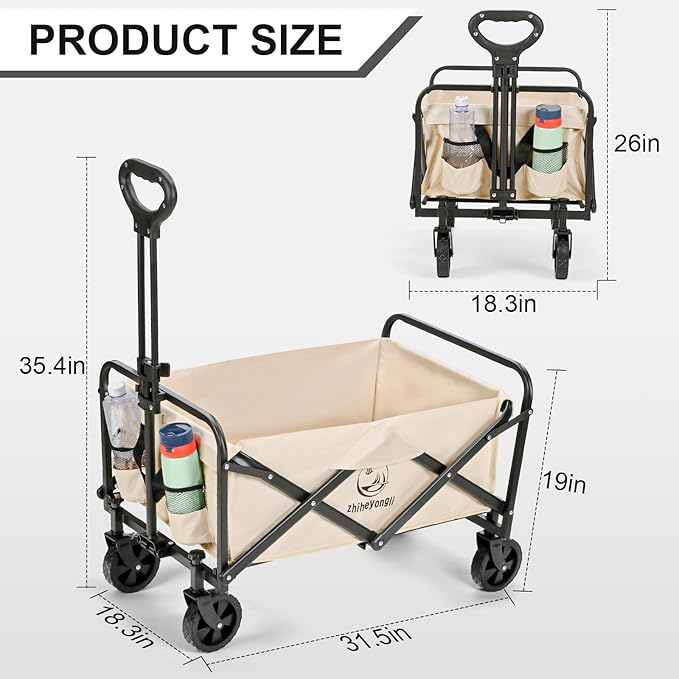 Folding Wagon Cart, Portable Large Capacity Beach，Heavy Duty Utility Collapsible with All-Terrain Wheels，Cart Foldable Wagon for Camping,Shopping,Beach, Garden(Beige)