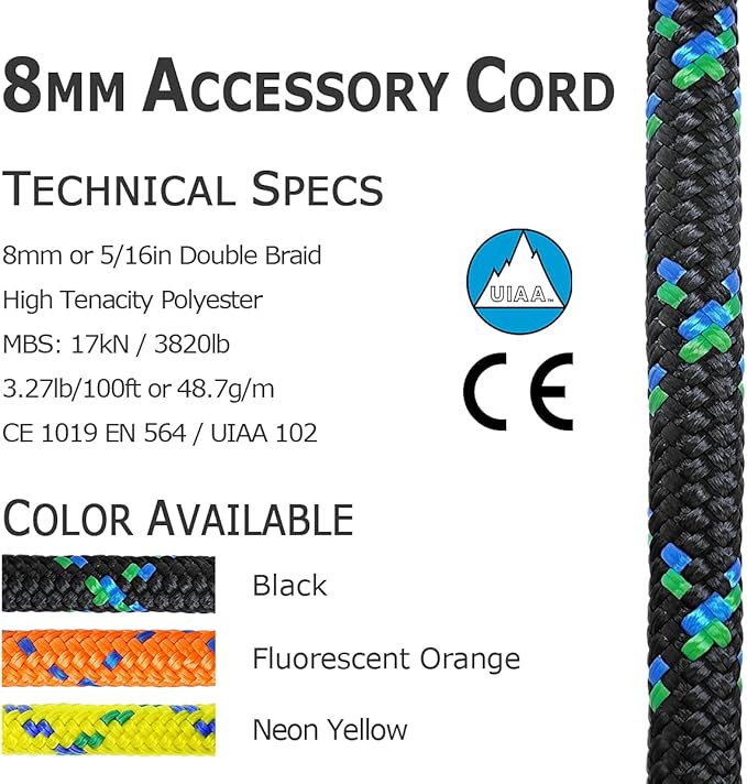 GM CLIMBING 8mm (5/16in) Accessory Cord Rope Double Braid Pre Cut CE/UIAA