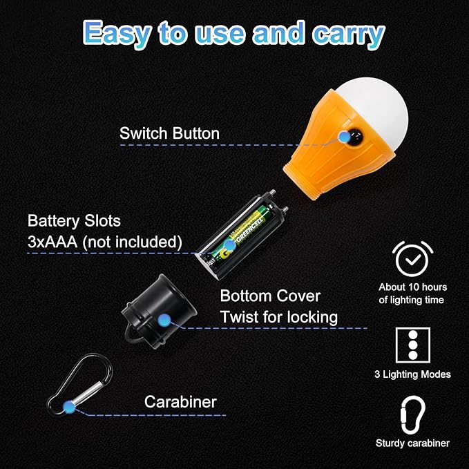 Coideal Camping Tent Lights Lamp - 4 Pack Portable LED Camp Light Bulbs Lantern Battery Powered for Hurricane Emergency Backpacking Hiking Outdoor and Indoor, Outage