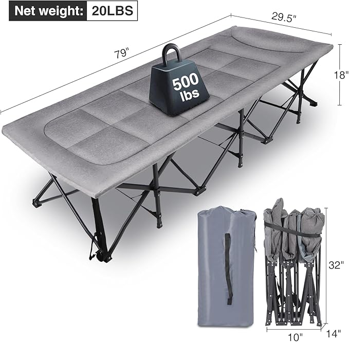 REDCAMP XXL Camping Cot for Adults 500lbs,79" L x 29.5" W x 18" H Oversized Sleeping Cot with Pad and Pillow, Camp Cot Bed for Tent, Office