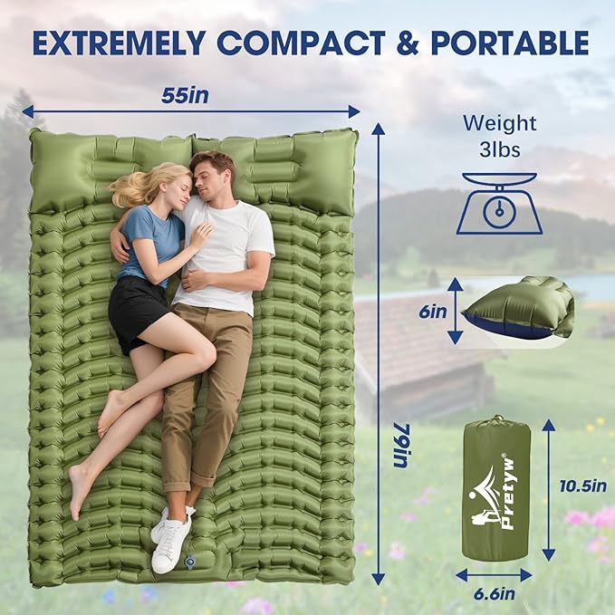 Double Sleeping Pad for Camping - Ultralight Camping Mattress with Pillow, Built-in Foot Pump, Compact Inflatable 2-Person Portable Mat for Backpacking, Hiking, Car Traveling, Beach, Tent