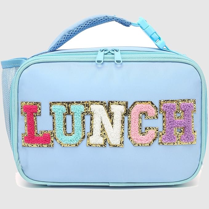 FlowFly Kids Lunch Bag, Durable Insulated School Lunch Box with Bottle Holder, Water-resistant Thermal Small Lunch Cooler Tote for Teen Boys & Girls,BlueWithLetter