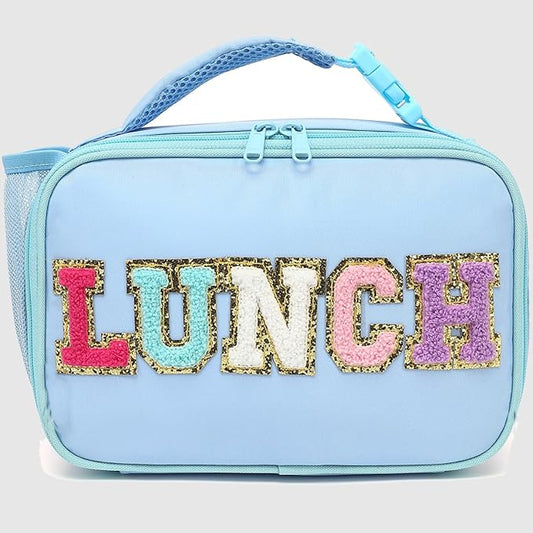 FlowFly Kids Lunch Bag, Durable Insulated School Lunch Box with Bottle Holder, Water-resistant Thermal Small Lunch Cooler Tote for Teen Boys & Girls,BlueWithLetter