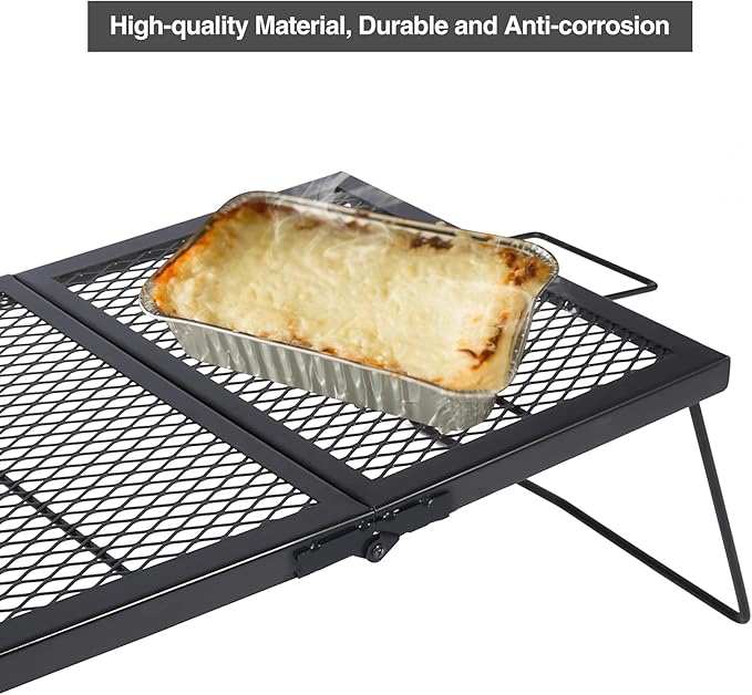 Folding Campfire Grill Grate, Portable Heavy Duty Steel Over Fire Camp Grill for Outdoor Camping Cooking Fire Pit, Black Folded in Half