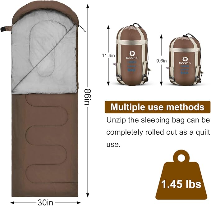 ECOOPRO Warm Weather Sleeping Bag - Portable, Waterproof, Compact Lightweight, Comfort with Compression Sack - Great for Outdoor Camping, Backpacking & Hiking-83 L x 30" W Fits Adults