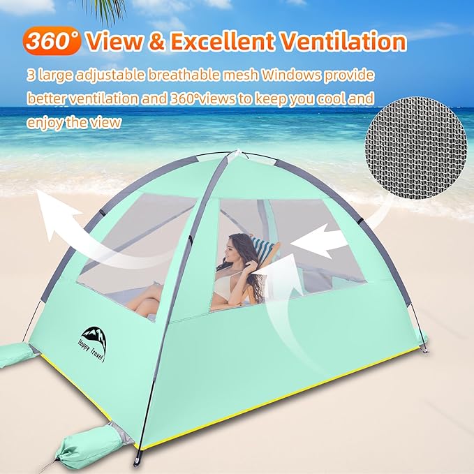 Happy Travel Beach Tent, UPF 50+ UV Protection Sun Shade Shelter for 3/4/5/6/7/8 Person, Portable Beach Canopy for Family & Baby, Lightweight & Easy Setup Beach Cabana with 3 Ventilation Mesh Windows