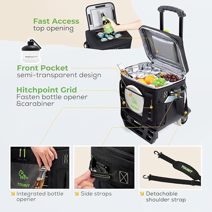 TOURIT Portable 50-Can Collapsible Rolling Soft Cooler with 29L Space & Reinforced All-Terrain Cart with Wheels Easy Transportation, Large Leakproof Travel Beach Ice Chest for Grocery Shopping