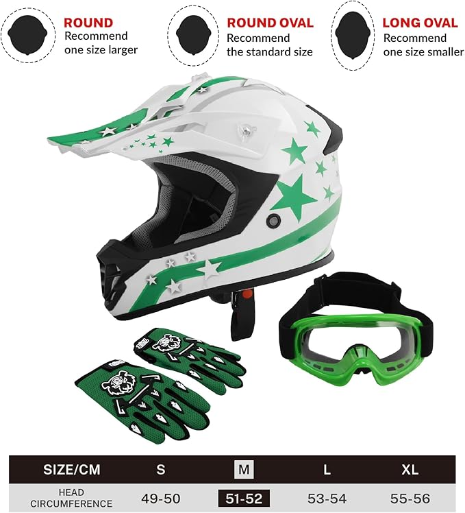 TCT-MOTORPARTS DOT Youth Kids Helmets Motocross ATV Helmets Offroad Street Dirt Bike Go-Kart BMX MX Full Face Helmet White w/Green Star Medium Size