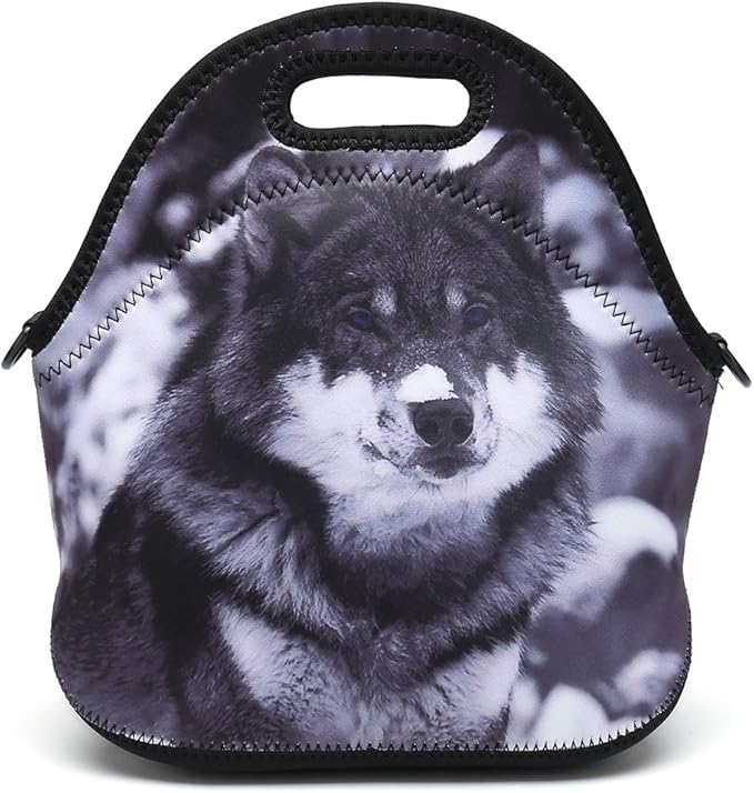 Insulated Neoprene Lunch Bag Removable Shoulder Strap Reusable Thermal Thick Lunch Tote Bags For Women,Teens,Girls,Kids,Baby,Adults-Lunch Boxes For Outdoors,Work,Office,School (Snow Wolf)