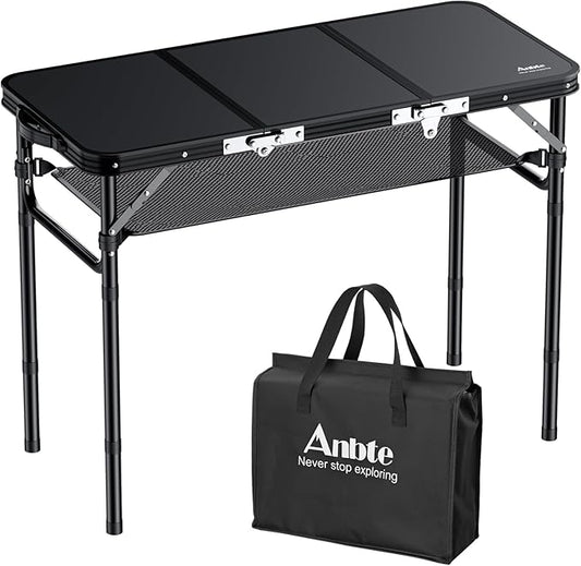 Folding Camping Table with Storage Net, 3ft Camping Table Aluminum Folding Table with 3 Adjustable Height Max 27.1 Inch Picnic Table Portable Table for Outdoor Backyard BBQ, Pure Black