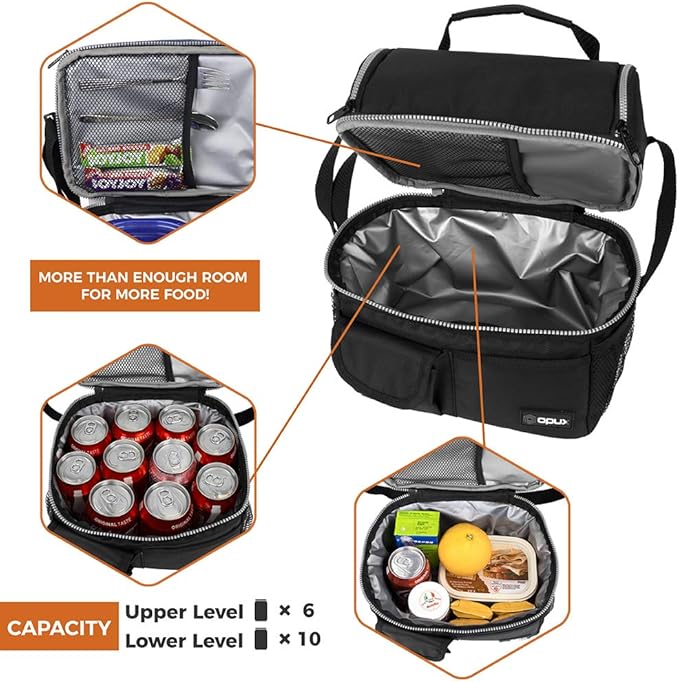opux Lunch Box for Men, Adult Lunch Box Cooler, Insulated Lunch Bag Women, Dual Compartment Lunchbox for Work, Leakproof Double Decker Lunch Bag, Soft Lunch Pail Tote Boys Girls Kids School, Black