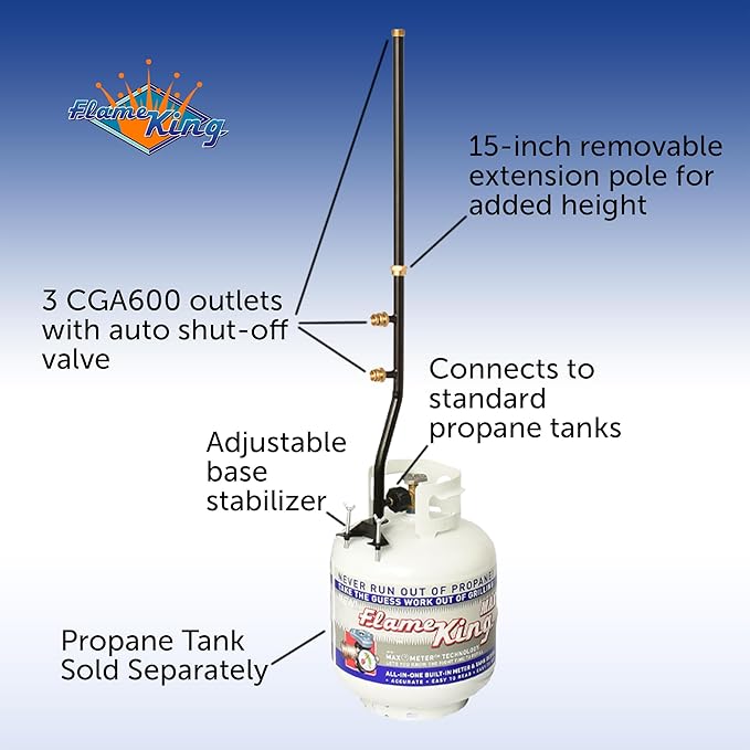 Flame King FK-DP2PC 3 Outlet Adapter 20 to 1LB Propane Distribution Post Pole Tree Stem Stand for Stove, Lanterns, and Camping, Black