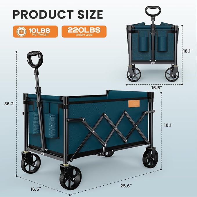 Collapsible Wagon Cart Foldable with 220lbs Weight Capacity, Lightweight Portable Folding Grocery Shopping Cart with Wheels for Camping Sports Beach and Shopping, Blue